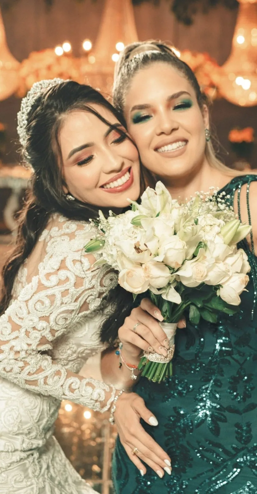Bride and bridesmaid celebrating